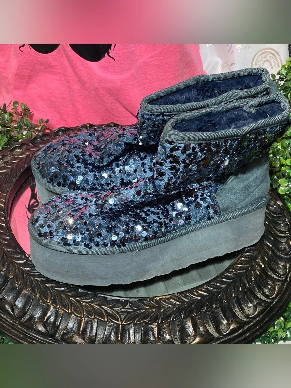 Shoe Dazzle Navy Sequin Platform Ankle Boots
